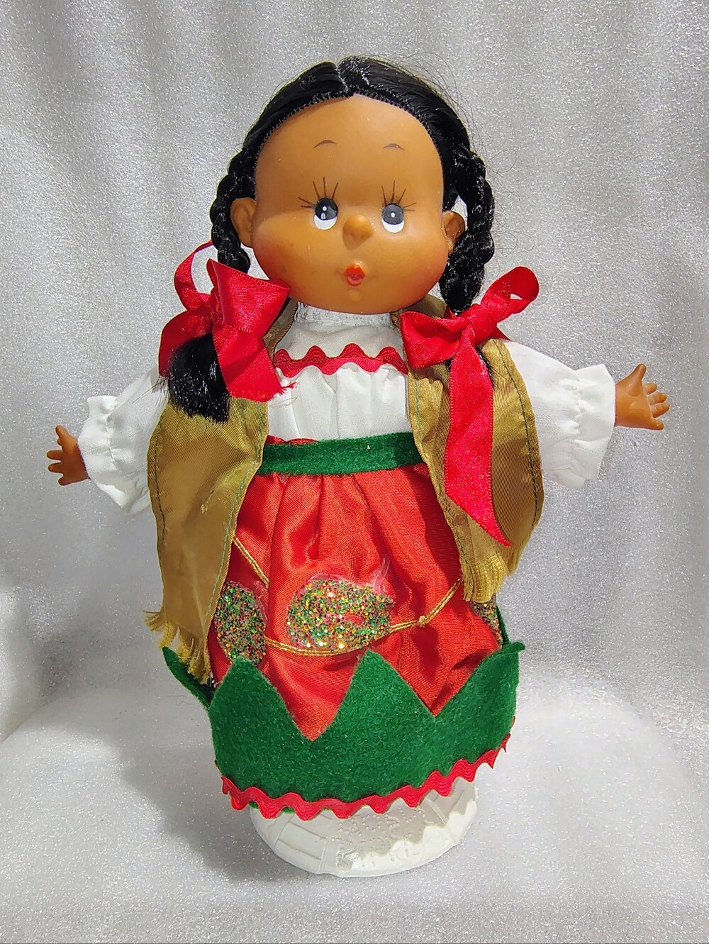 Vintage 10” Folk Costume Doll Rooted Hair Original Snap-In Stand
